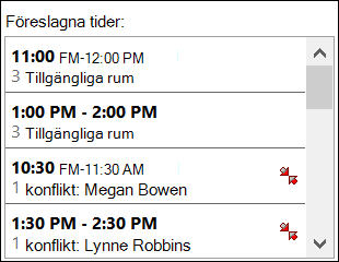 Använd väljaren Föreslagna tider för att se när deltagare är tillgängliga.