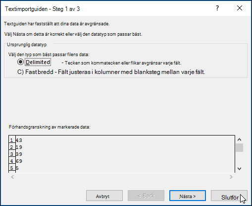Bild av dialogrutan Data > Text till kolumner
