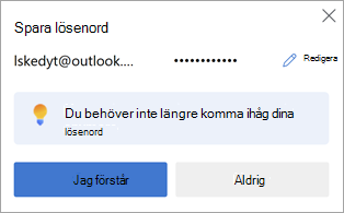 En uppmaning i Microsoft Edge om att spara ett webbplatslösenord för senare användning.