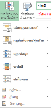 เมนูการจัดรูปแบบตามเงื่อนไขที่มี จัดการกฎ ถูกเน้น