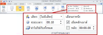 กลุ่มการกำหนดเวลาบนแท็บการเปลี่ยนภาพใน Ribbon ของ PowerPoint 2010