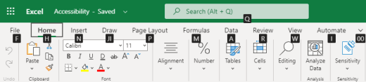 เคล็ดลับแป้นแท็บ Ribbon บน Excel สําหรับเว็บ