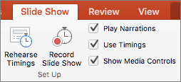 สกรีนช็อตแสดงแท็บการนําเสนอสไลด์ที่มีตัวเลือกเพื่อทดสอบการกําหนดเวลาและบันทึกการนําเสนอสไลด์พร้อมกับกล่องกาเครื่องหมายสําหรับเล่นคําบรรยาย ใช้การกําหนดเวลา และแสดงตัวควบคุมสื่อ