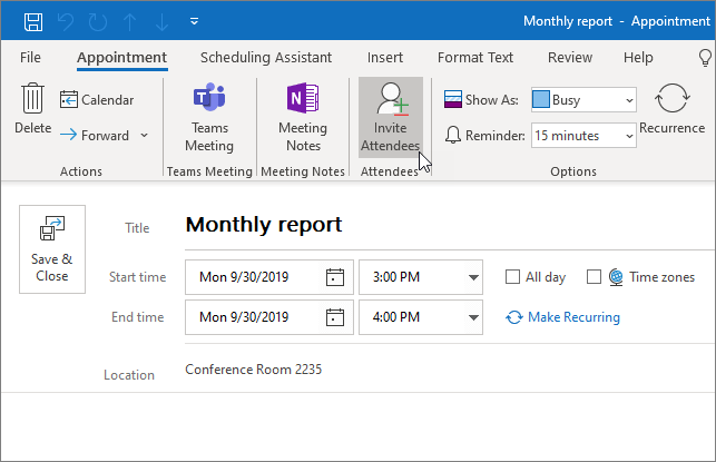 จัดกำหนดการนัดหมายใน Outlook