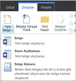 Şeritte açılan menü bulunan Yeni Belge düğmesi