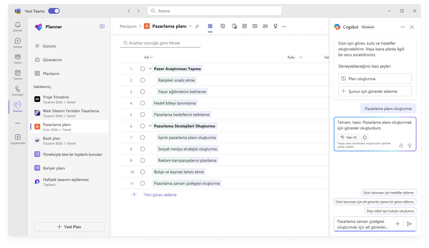 Yeni bir plan oluşturma Planner Copilot kullanıcı arabirimini gösteren ekran görüntüsü.