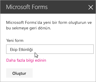 Yeni bir forma yönelik Microsoft Forms web bölümü paneli.