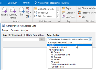 İçeri aktardığınız Gmail kişilerinizi Office 365’te bulmak için Adres Defteri’nde arama yapabilirsiniz