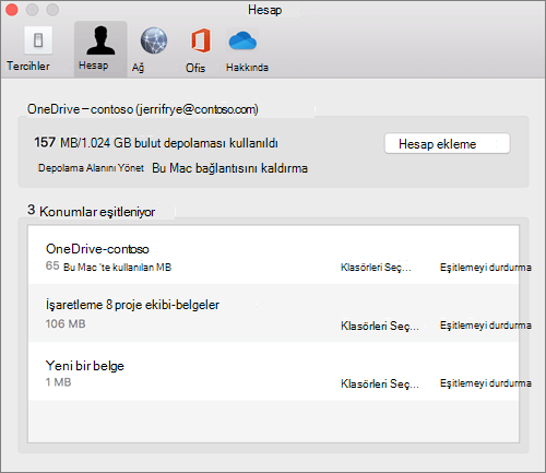 Mac için OneDrive eşitleme istemcisinde Hesap sekmesinin ekran görüntüsü