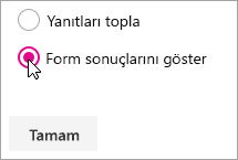 Form sonuçlarını göster için Microsoft Forms web bölümü seçimi.