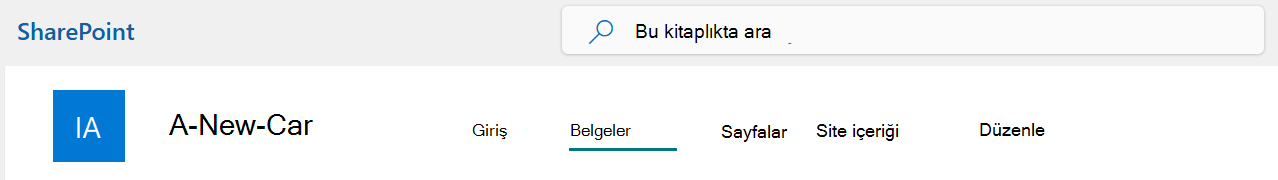 Belgeler seçeneğinin seçili olduğu bir SharePoint Sitesi üst çubuk menüsü.