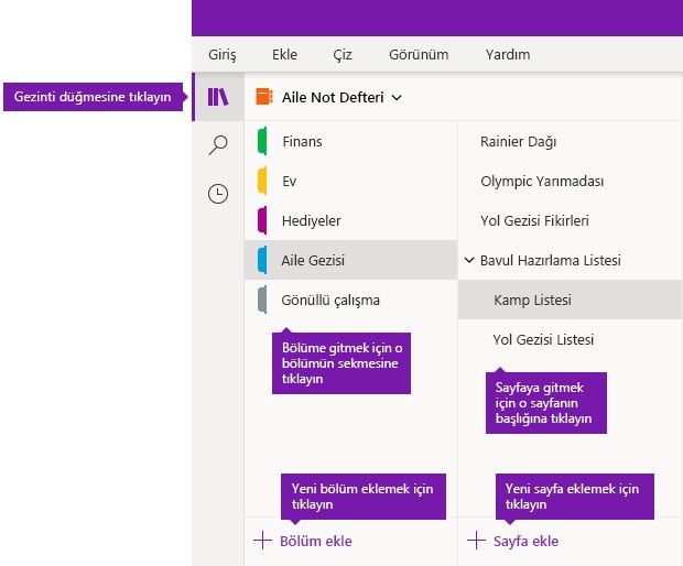 Windows 10 için OneNote’ta bölümler ve sayfalar