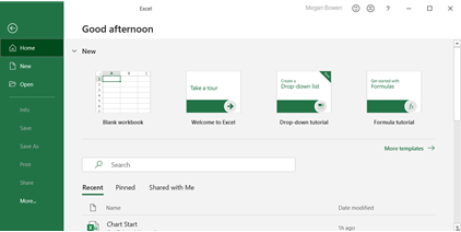 Excel Dosya menüsünde Hoş Geldiniz ekranı