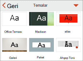 iOS için PowerPoint'te Temalar menüsü.