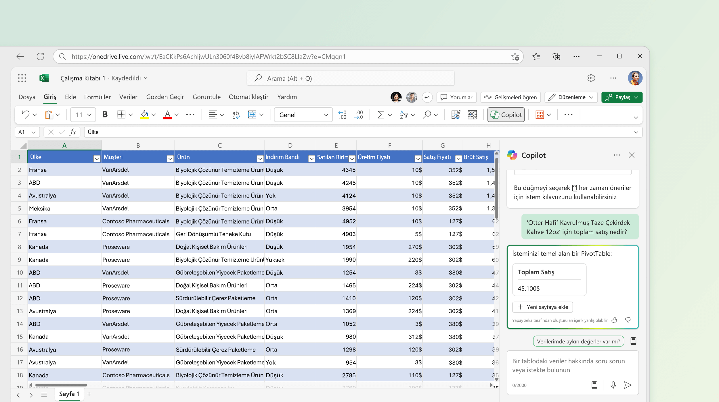 Excel'de Copilot'ın mevcut verilere dayalı bir PivotTable önerdiğini gösteren ekran görüntüsü.