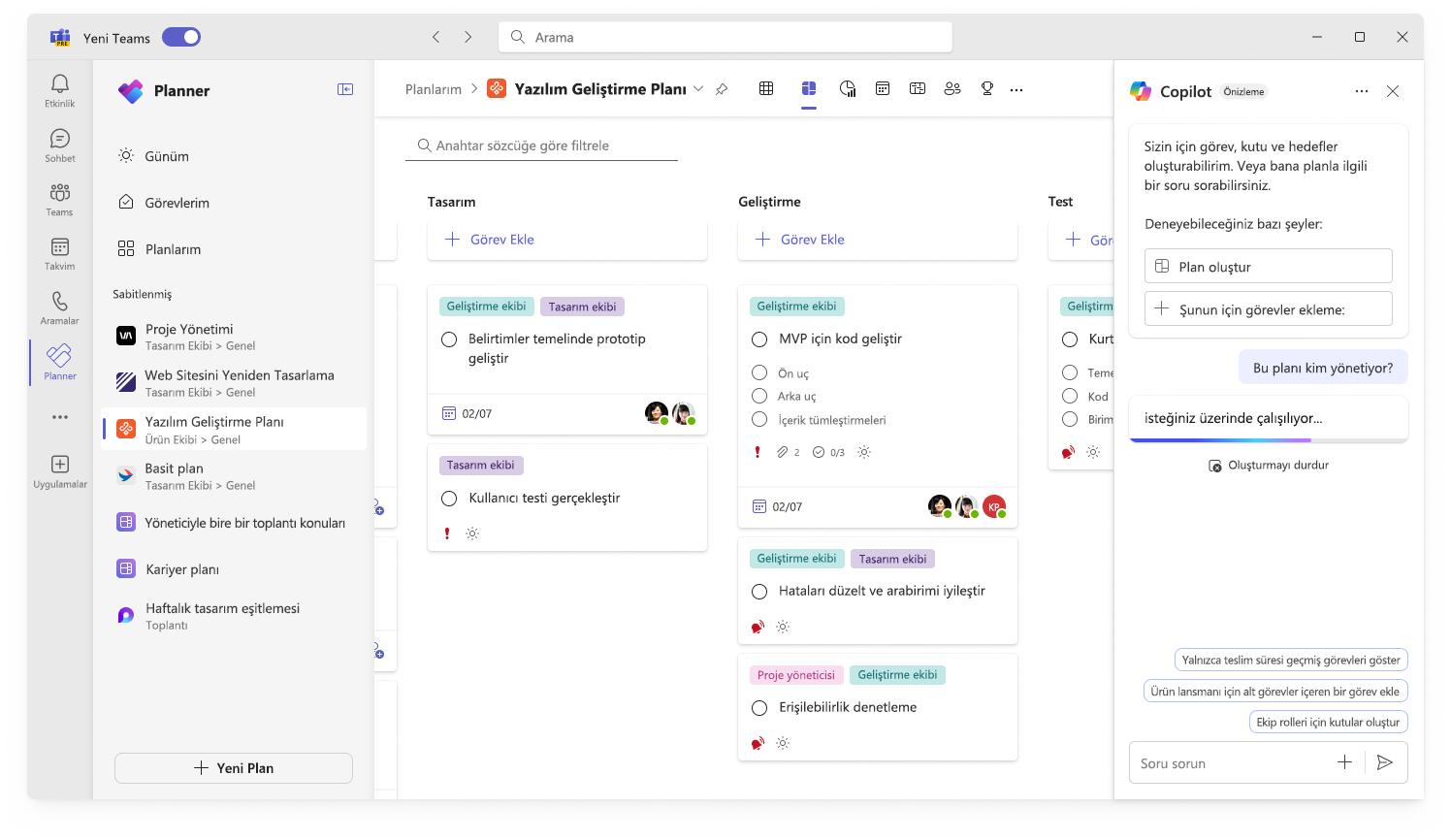 Planner izleme ilerlemesinde Copilot kullanıcı arabirimini gösteren ekran görüntüsü.