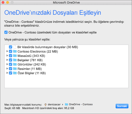 Eşitlenecek klasörleri veya dosyaları seçmek için OneDrive kurulum menüsünün ekran görüntüsü.