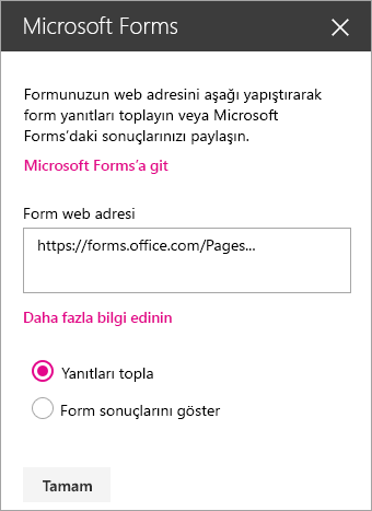 Mevcut bir forma yönelik Microsoft Forms web bölümü paneli.