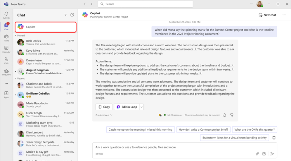 Microsoft Teams'deki sohbetin üstündeki Copilot uygulamasını vurgulayan ekran görüntüsü