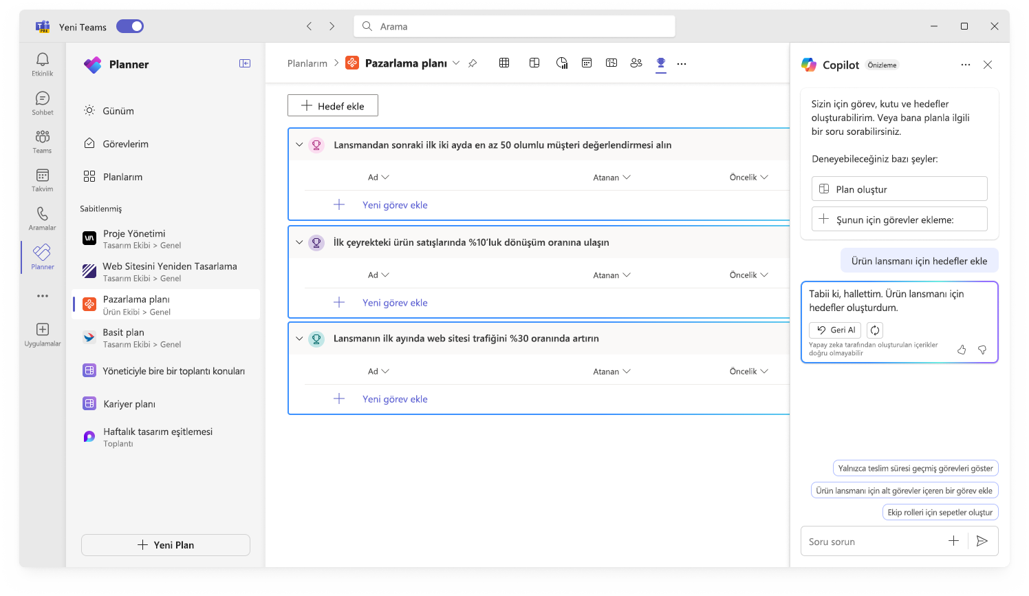 Hedef oluşturma Planner Copilot kullanıcı arabirimini gösteren ekran görüntüsü.