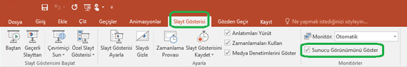 Sunucu Görünümü seçeneği, PowerPoint’teki şeridin Slayt Gösterisi sekmesinde bulunan bir onay kutusu tarafından denetlenir.