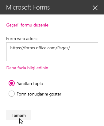 Yeni bir form oluşturulduktan sonra Microsoft Forms web bölümü paneli, formun web adresini gösterir.