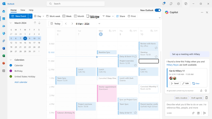 Outlook'ta Sohbet Destekli Zamanlamayı kullanarak bire bir toplantı rezervasyonu yapmayı gösteren ekran görüntüsü.