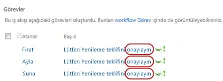 İş Akışı Durumu sayfasında Görev; Lütfen Onaylayın metni çizgilerle belirtilmiş