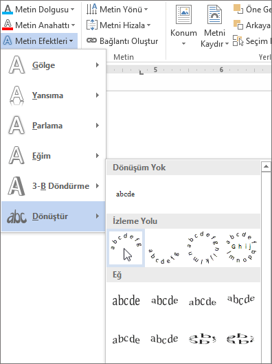 Eğri dönüştürme metin efekti seçme