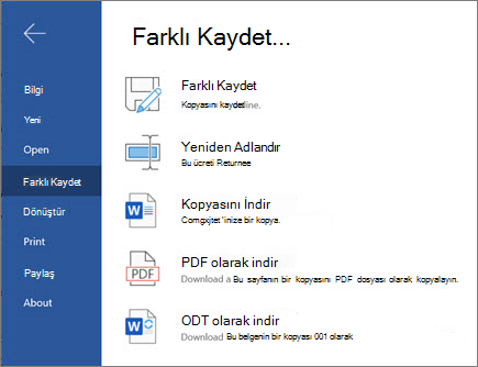 Web için Word - Kaydetme seçenekleri