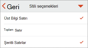 iOS için PowerPoint'te tablo üst bilgisi menüsü.