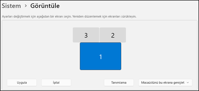 Monitörlerinizin nasıl düzenlendiğini gösteren Ekran bölümünü gösterir. Metin, ayarlarını değiştirmek için bir monitör seçebileceğinizi veya düzenlemek için ekranları sürükleyebileceğinizi söylüyor.