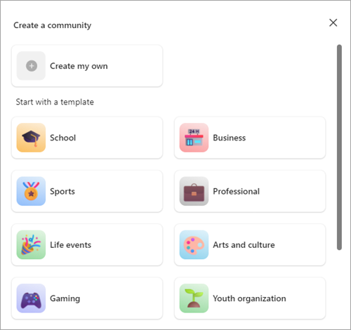 Microsoft Teams (ücretsiz)'deki Topluluklar'da şablonla veya şablon olmadan topluluk oluşturma düğmelerinin ekran görüntüsü.