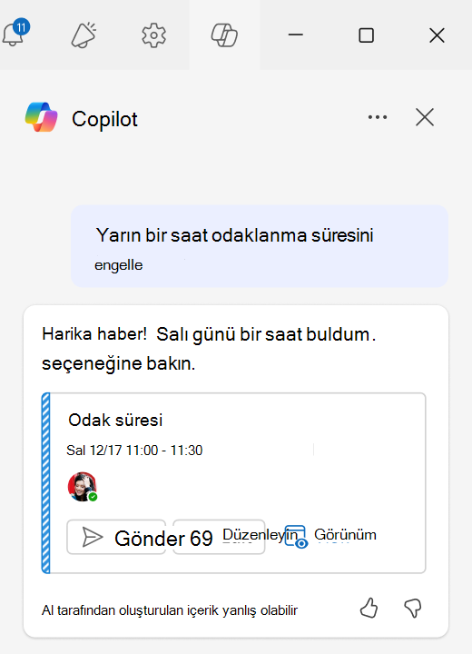 Outlook'ta Sohbet Destekli Zamanlama ile Odak Bloklarının nasıl kullanılacağını gösteren ekran görüntüsü.