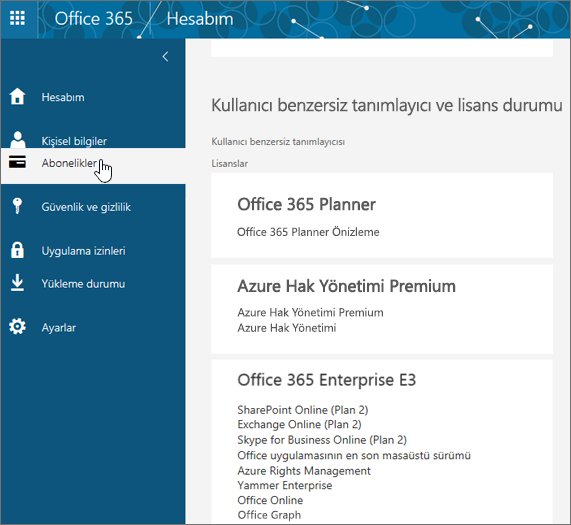 Office 365 Abonelikler sayfası