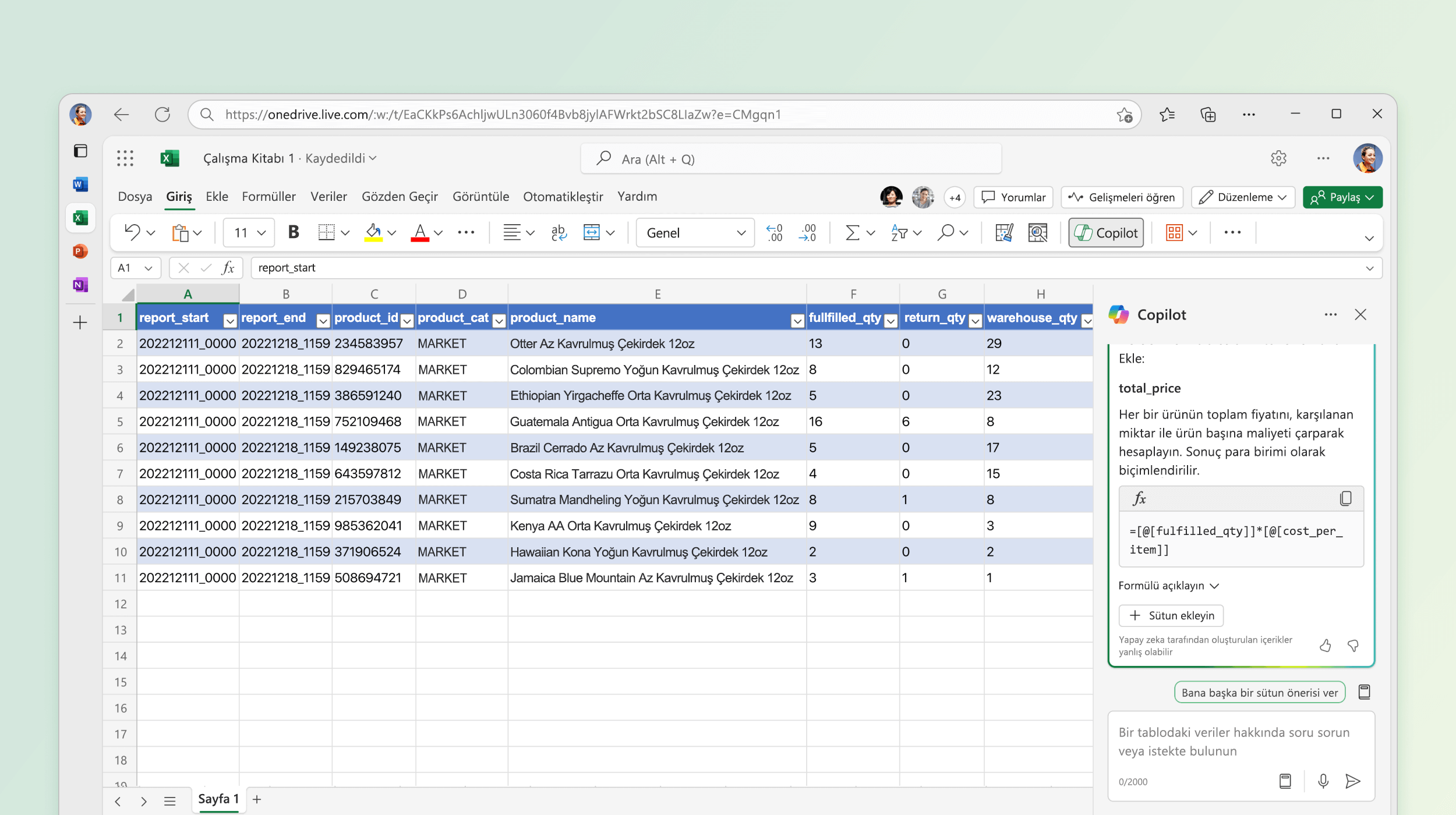 Excel'de Copilot'ın hesaplama için formül önerdiğini gösteren ekran görüntüsü.