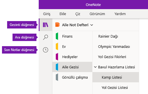 Windows 10 için OneNote’ta gezinti çubuğu