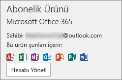 Office’le ilişkilendirilmiş olan e-posta hesabını gösterir.