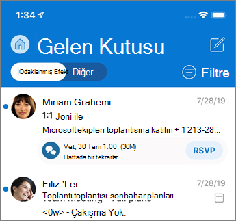 Outlook Mobile 'da odaklanmış gelen kutusu