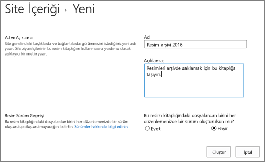 Ad, açıklama ve isteğe bağlı sürüm oluşturma konularını girin