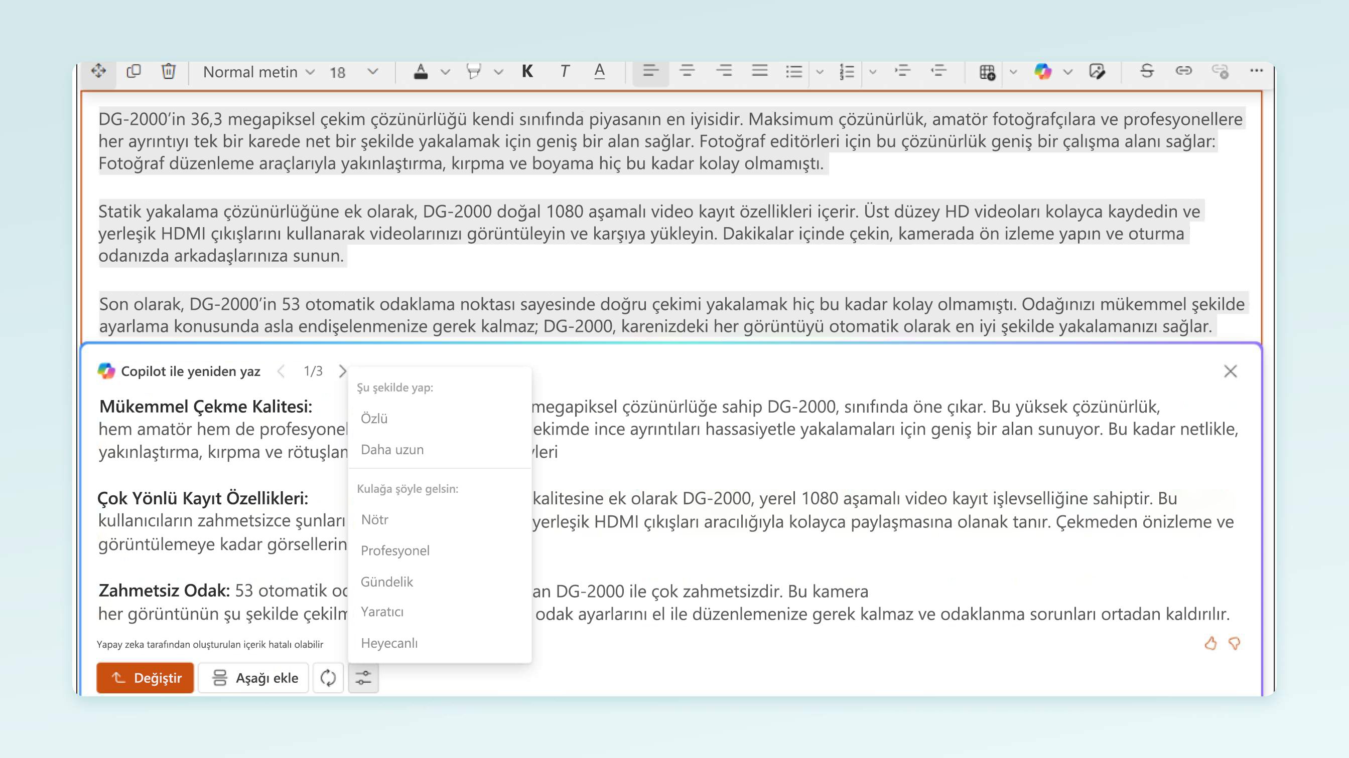 SharePoint'te Copilot zengin metin düzenleyicisi ile yazma için giriş sayfasının ekran görüntüsü