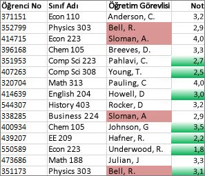 C sütunundaki benzersiz olmayan değerler pembe ve D sütunundaki benzersiz değerler yeşildir