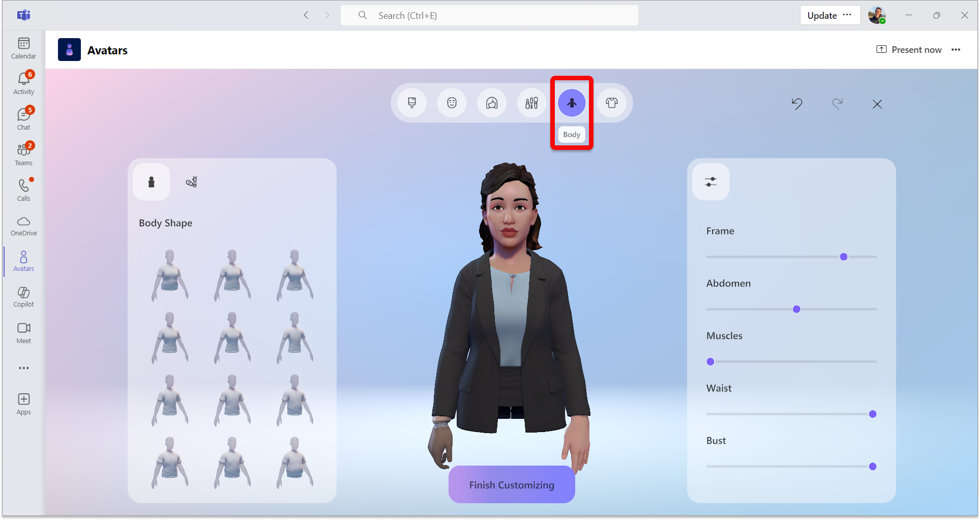 Знімок екрана: програма аватарів у Teams із вибраною категорією тіла.