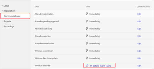 Знімок екрана: змінення нагадування вебінарів електронною поштою про надсилання часу