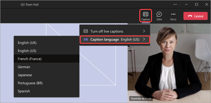 Screenshot highlighting UI for attendees to change language of translated captions in a town hall