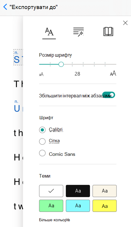 Діалогове вікно "Параметри тексту" в засобі "Занурення в текст" у Microsoft Lens для iOS.