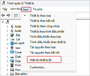Ảnh chụp màn hình cửa sổ Trình quản lý Thiết bị với tùy chọn Xem được chọn từ dải băng menu và tùy chọn Hiển thị thiết bị ẩn được tô sáng bằng màu đỏ.