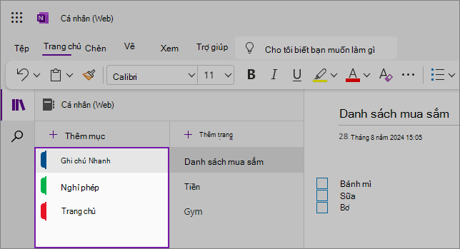 Dạng xem giao diện người dùng OneNote trên web hiển thị khu vực nội dung