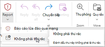 Bạn có thể sử dụng nút Báo > Không phải Thư rác để khôi phục thư từ thư mục Email Rác, rồi yêu cầu Outlook ngừng gửi thư từ người gửi đó vào thư mục Email Rác.