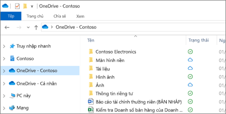 Ảnh chụp màn hình các tệp OneDrive for Business trong File Explorer